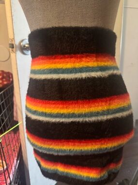 Forever 21 Black Fuzzy Mini Skirt with Rainbow Stripes